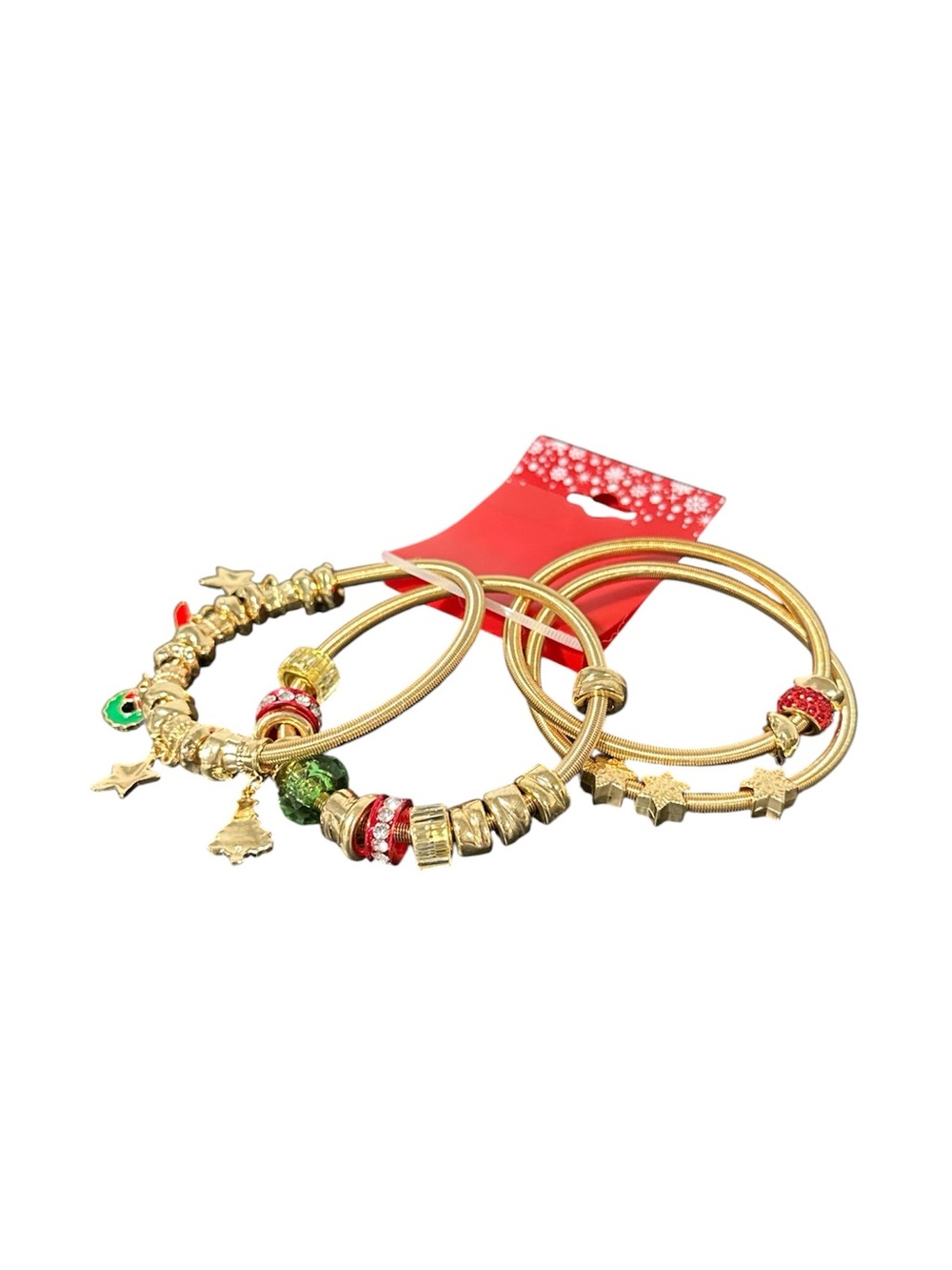 Gold Tone Holiday Beaded Charm Bangle Bracelet Set - Red & Green New